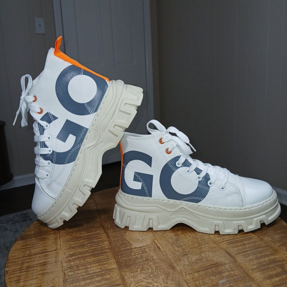 GO Canvas White Chunky Platform 10 Sneakers High Top, Gray Logo Streetwear Y2K